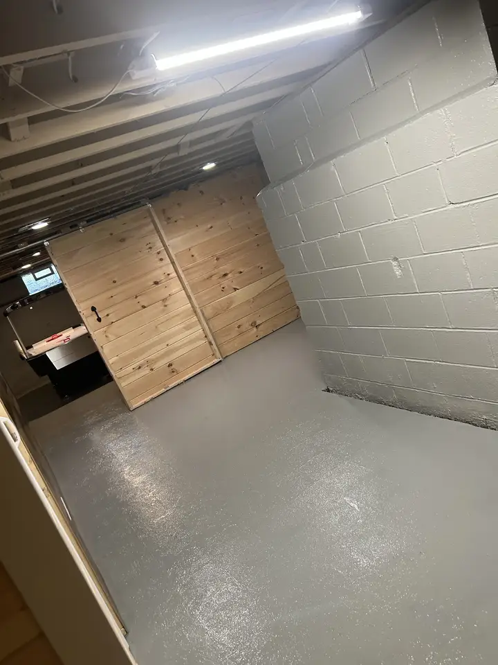 Basement with coated floor and pine barn door